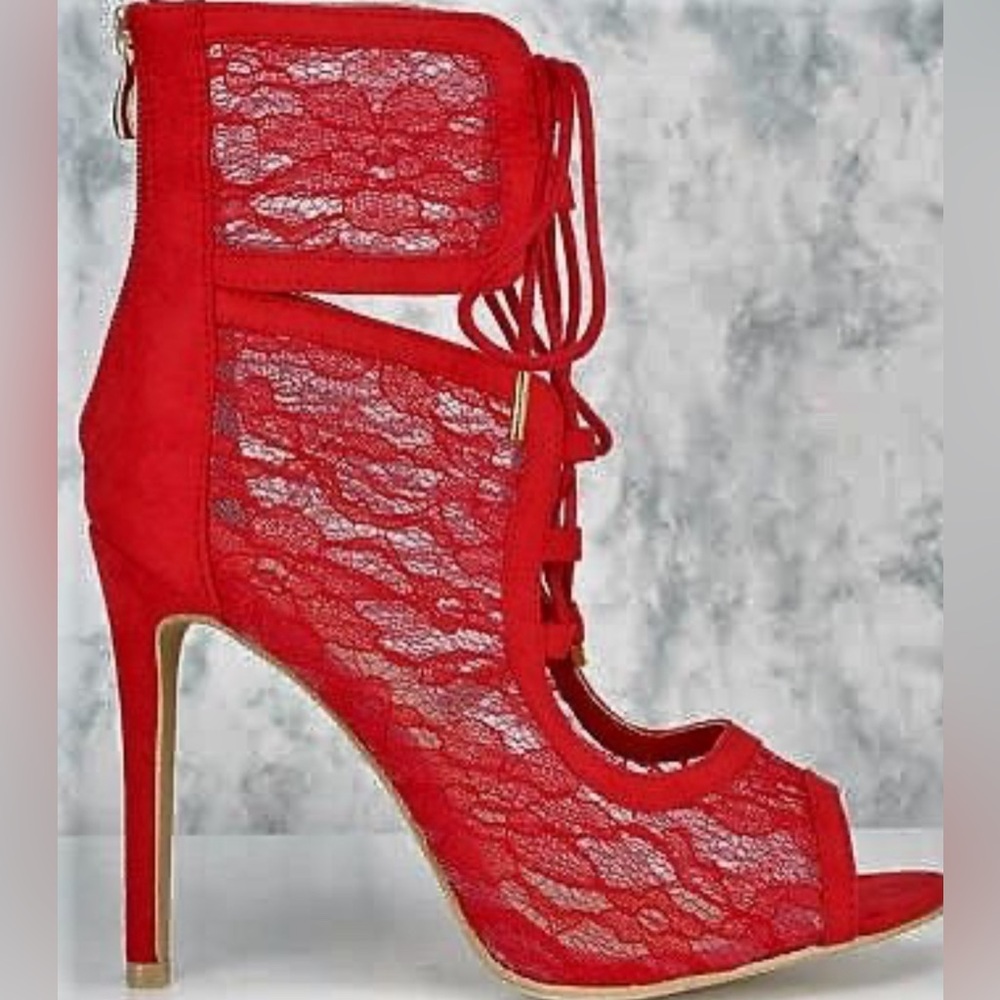Heels red lace tie up peep